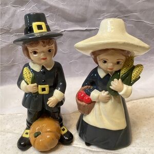 Thanksgiving Vintage Pilgrim Man & Woman Set Hand Painted Ceramic 1974